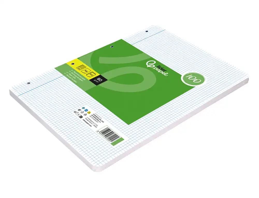 Recambio liderpapel a4 100 hojas papel reciclado 100% 80gr cuadro 4mm con margen 4 taladros