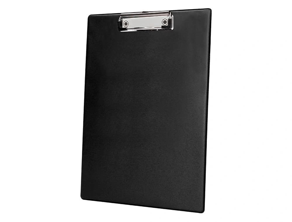 Portanotas Q-Connect A4 de plástico rígido con clip de metal, 2,1 mm de grosor – Negro