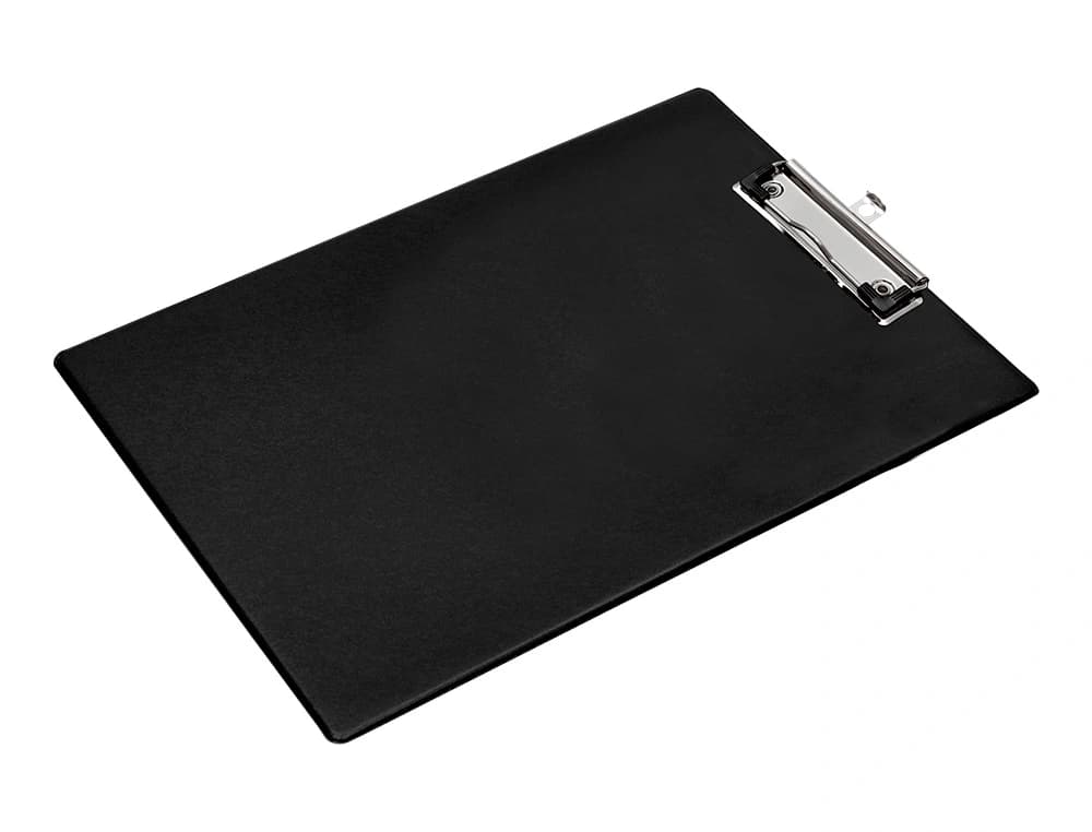 Portanotas Q-Connect A4 de plástico rígido con clip de metal, 2,1 mm de grosor – Negro
