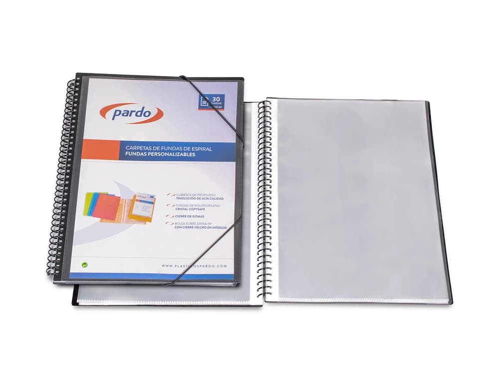 Carpeta pardo escaparate con espiral 40 fundas folio personalizable color negro