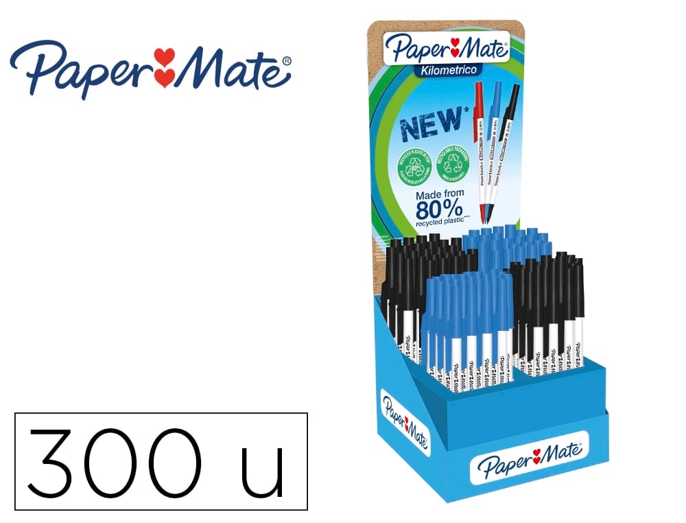 Papermate Boligrafo paper mate kilometrico punta 1 mm plastico reciclado 80% expositor de 300 unidades