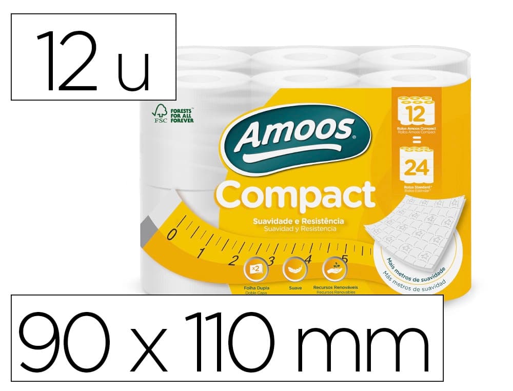 Amoos Papel higiénico Amoos 2 capas 110 mm diámetro x 90 mm alto 30 gr/m2 paquete de 12 rollos