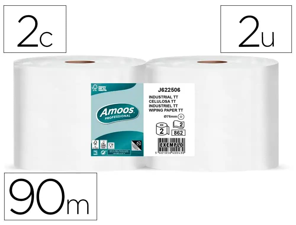 Amoos Papel secamanos Amoos industrial 2 capas 32g/m2 paquete de 2 rollos
