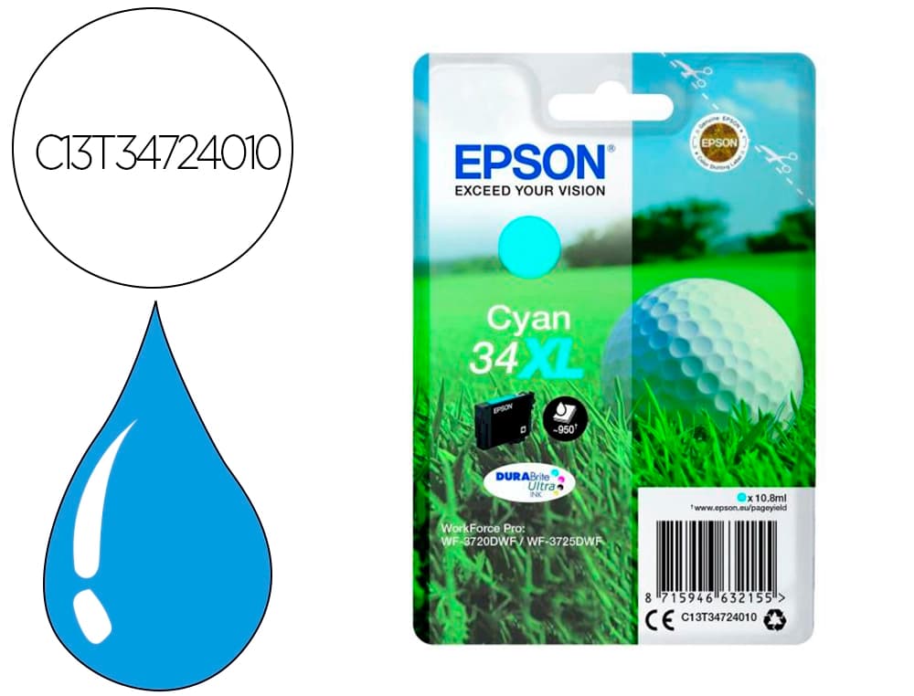 Epson Ink-jet epson work force pro wf-3720dwf/3725dwf cian 34xl durabrite ultra ink 950 paginas