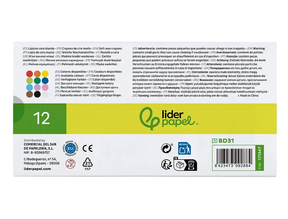 Lapices cera blanda liderpapel redonda caja de 12 unidades colores surtidos