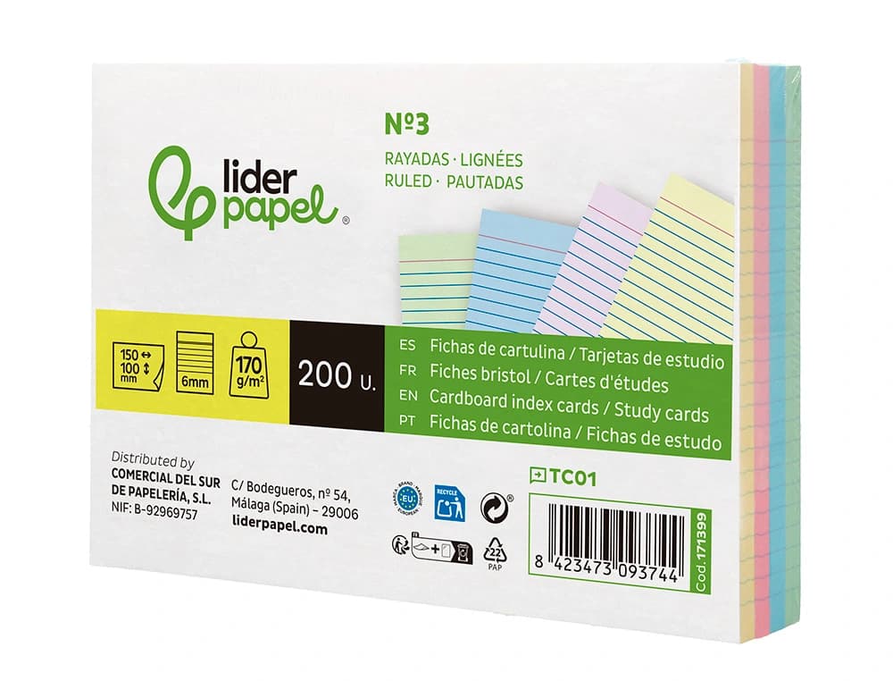 Tarjeta liderpapel para estudiar rayada cartulina de colores 170gr 100x150mm paquete de 200 unidades