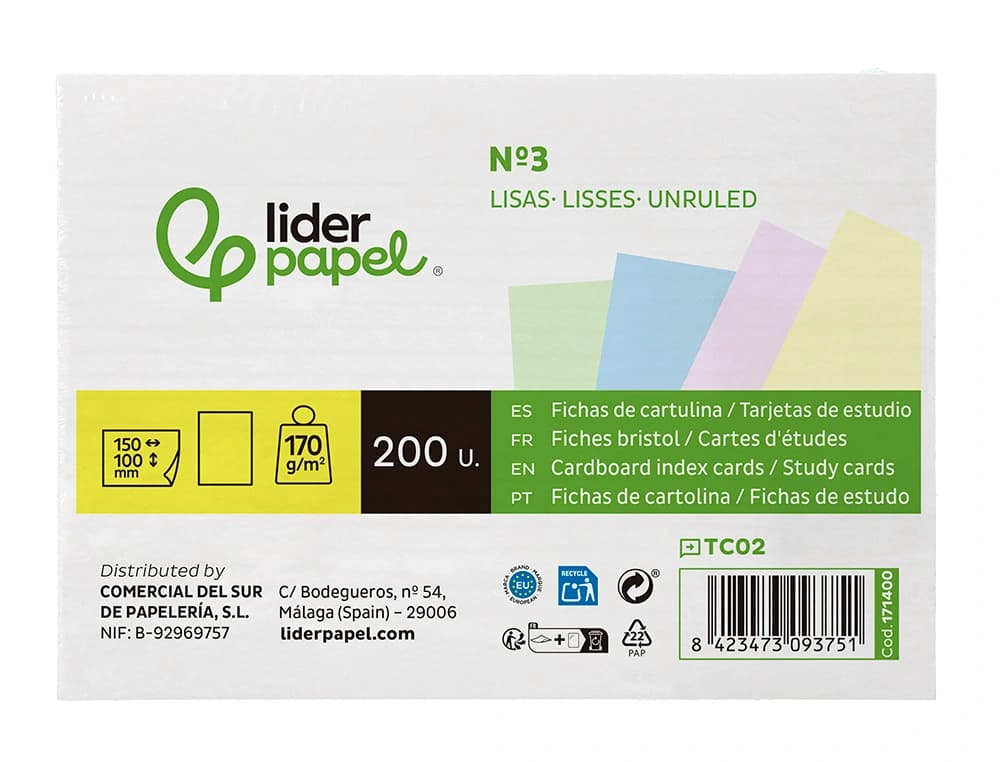 Tarjeta liderpapel para estudiar lisa cartulina de colores 170gr 100x150mm paquete de 200 unidades