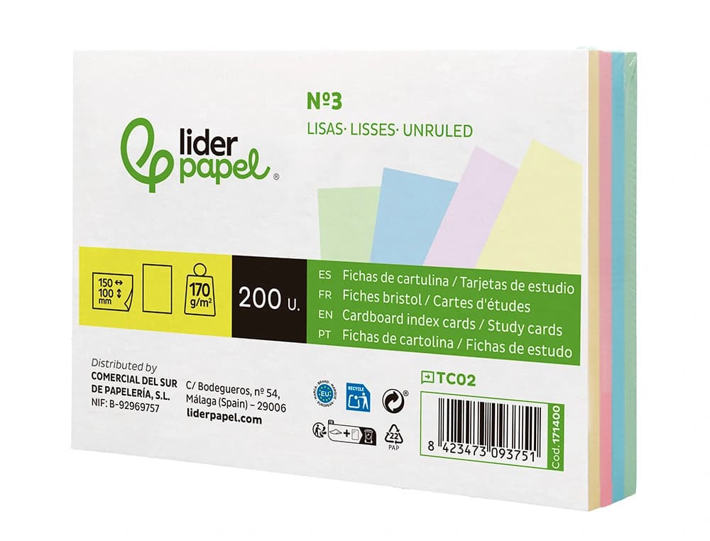 Tarjeta liderpapel para estudiar lisa cartulina de colores 170gr 100x150mm paquete de 200 unidades