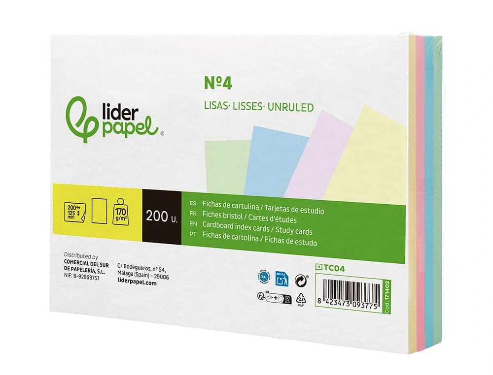 Tarjeta liderpapel para estudiar lisa cartulina de colores 170gr 125x200mm paquete de 200 unidades