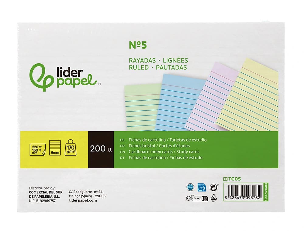 Tarjeta liderpapel para estudiar rayada cartulina de colores 170gr 160x220mm paquete de 200 unidades