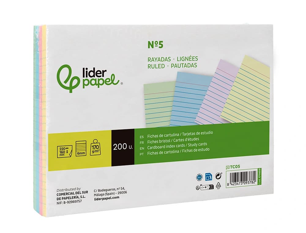 Tarjeta liderpapel para estudiar rayada cartulina de colores 170gr 160x220mm paquete de 200 unidades