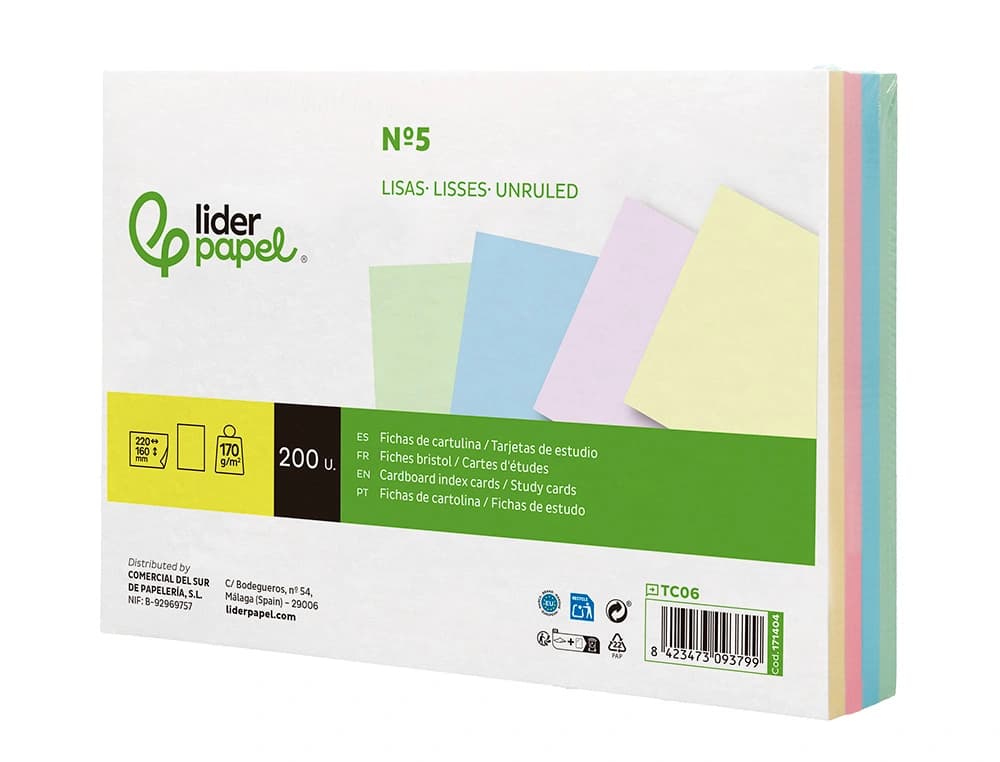 Tarjeta liderpapel para estudiar lisa cartulina de colores 170gr 160x220mm paquete de 200 unidades
