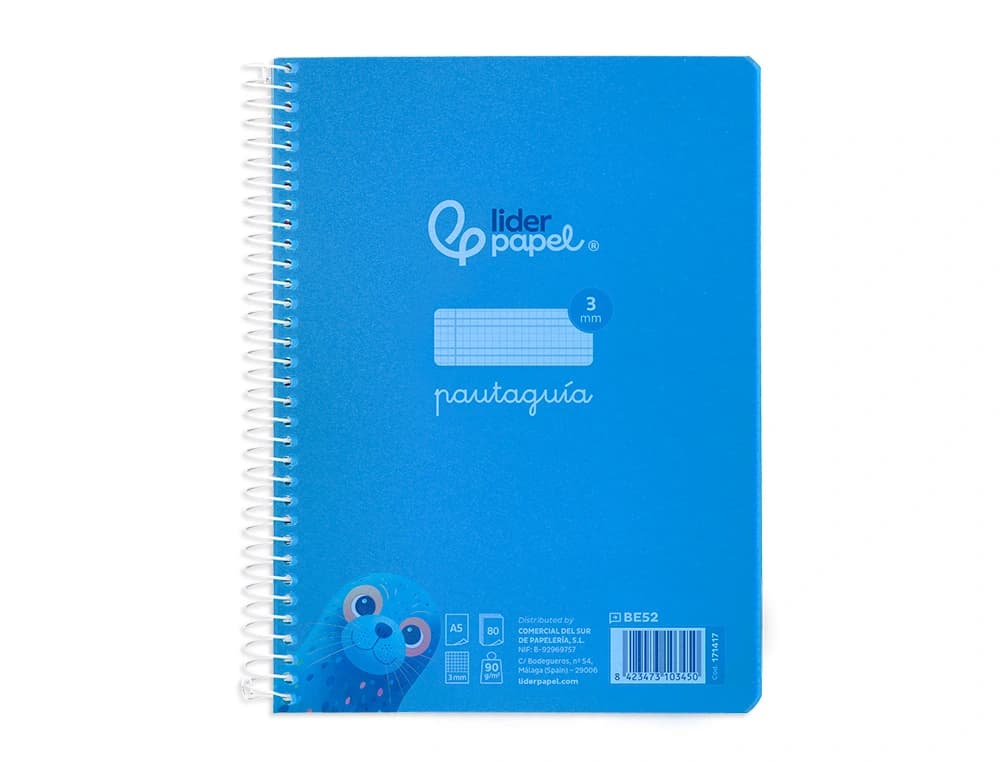 Cuaderno espiral liderpapel a5 pautaguia tapa plastico 80h 90gr cuadro pautado 3 mm con margen