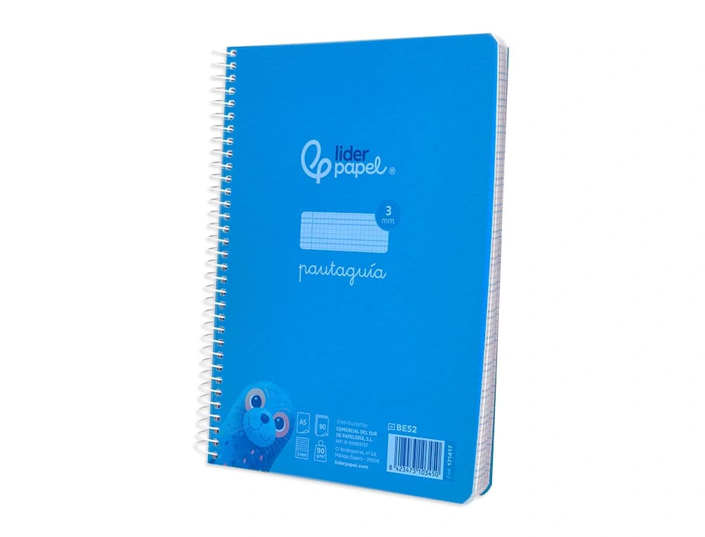 Cuaderno espiral liderpapel a5 pautaguia tapa plastico 80h 90gr cuadro pautado 3 mm con margen