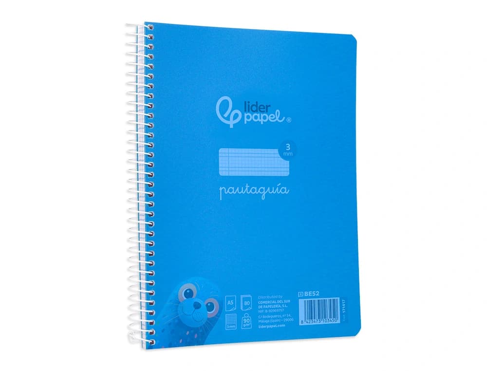 Cuaderno espiral liderpapel a5 pautaguia tapa plastico 80h 90gr cuadro pautado 3 mm con margen