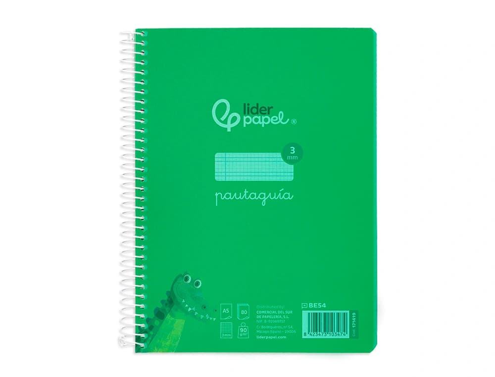 Cuaderno de espiral Liderpapel Pautaguía de tapa de plástico, cuadro pautado de 3 mm con margen, 80 hojas de 90 g – Verde