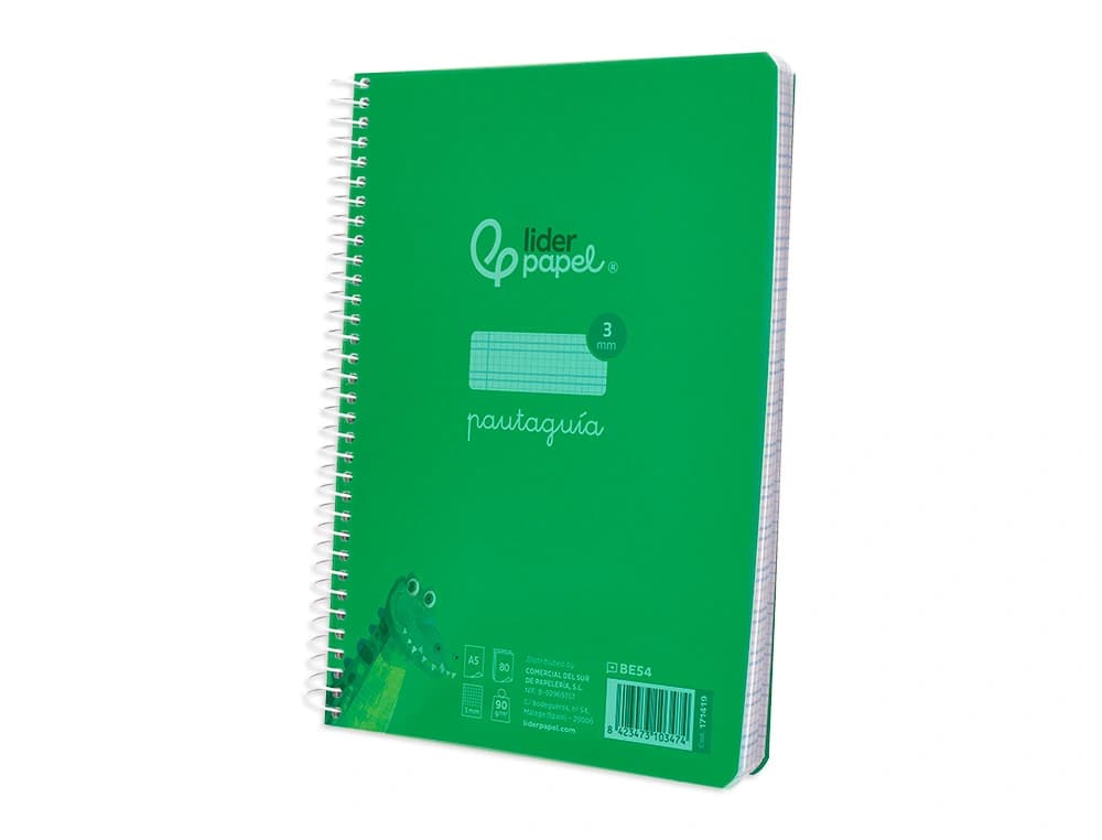 Cuaderno de espiral Liderpapel Pautaguía de tapa de plástico, cuadro pautado de 3 mm con margen, 80 hojas de 90 g – Verde