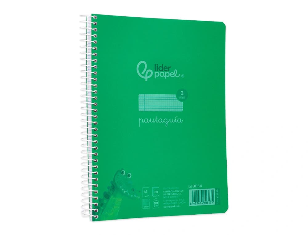 Cuaderno de espiral Liderpapel Pautaguía de tapa de plástico, cuadro pautado de 3 mm con margen, 80 hojas de 90 g – Verde