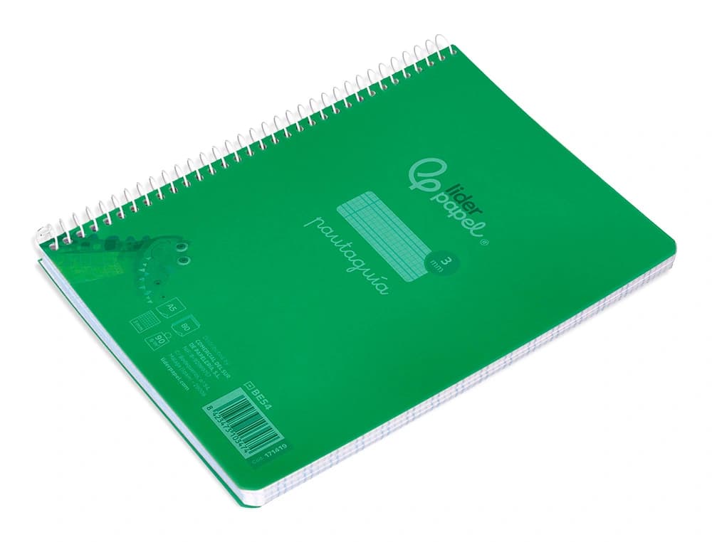 Cuaderno de espiral Liderpapel Pautaguía de tapa de plástico, cuadro pautado de 3 mm con margen, 80 hojas de 90 g – Verde