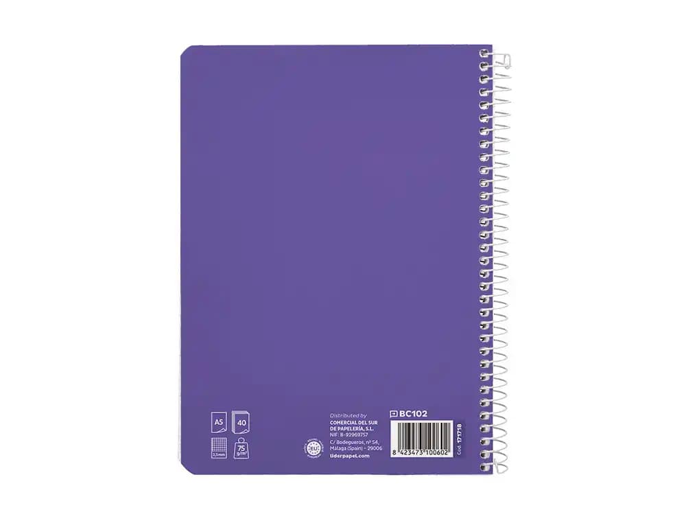 Cuaderno de espiral Liderpapel Pautaguía A5 de tapa blanda, cuadro pautado de 2,5 mm, 40 hojas de 75 g – Lila