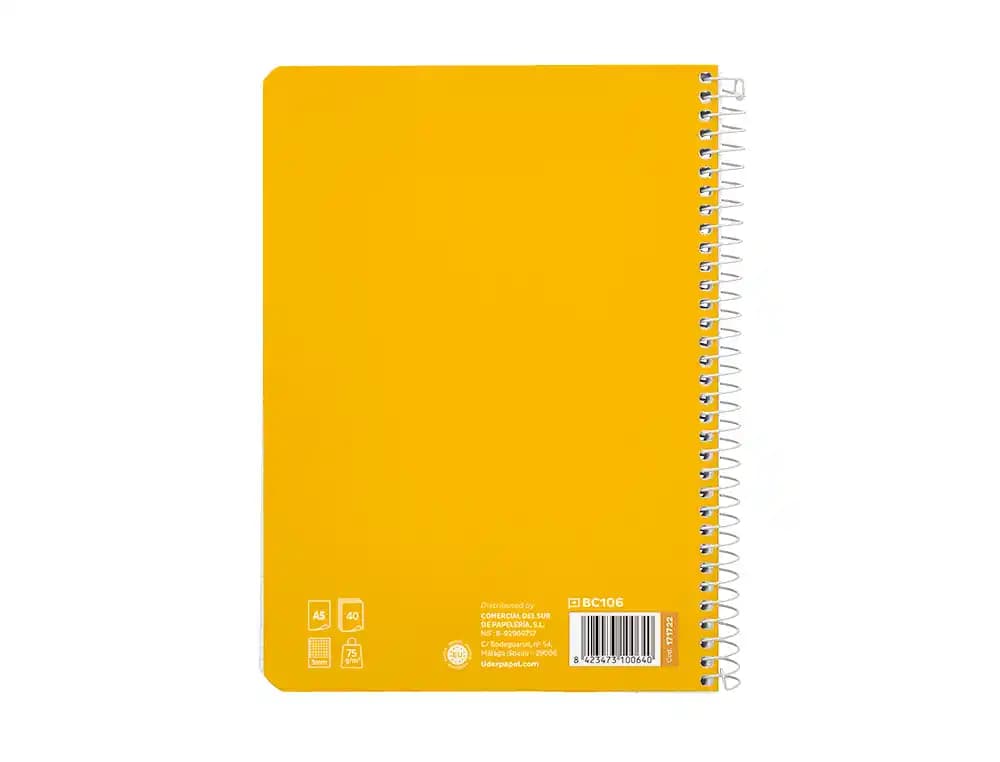 Cuaderno de espiral Liderpapel Pautaguía A5 de tapa blanda, cuadro pautado de 3 mm, 40 hojas de 75 g – Amarillo