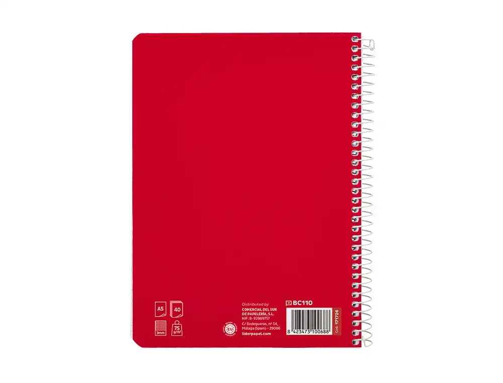 Cuaderno de espiral Liderpapel Pautaguía A5 de tapa blanda, cuadro pautado de 3 mm, 40 hojas de 75 g – Rojo