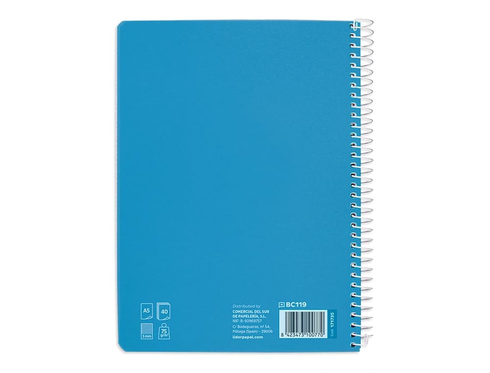 Cuaderno espiral liderpapel a5 pautaguia tapa blanda 40h 75gr cuadro pautado 5mm color azul