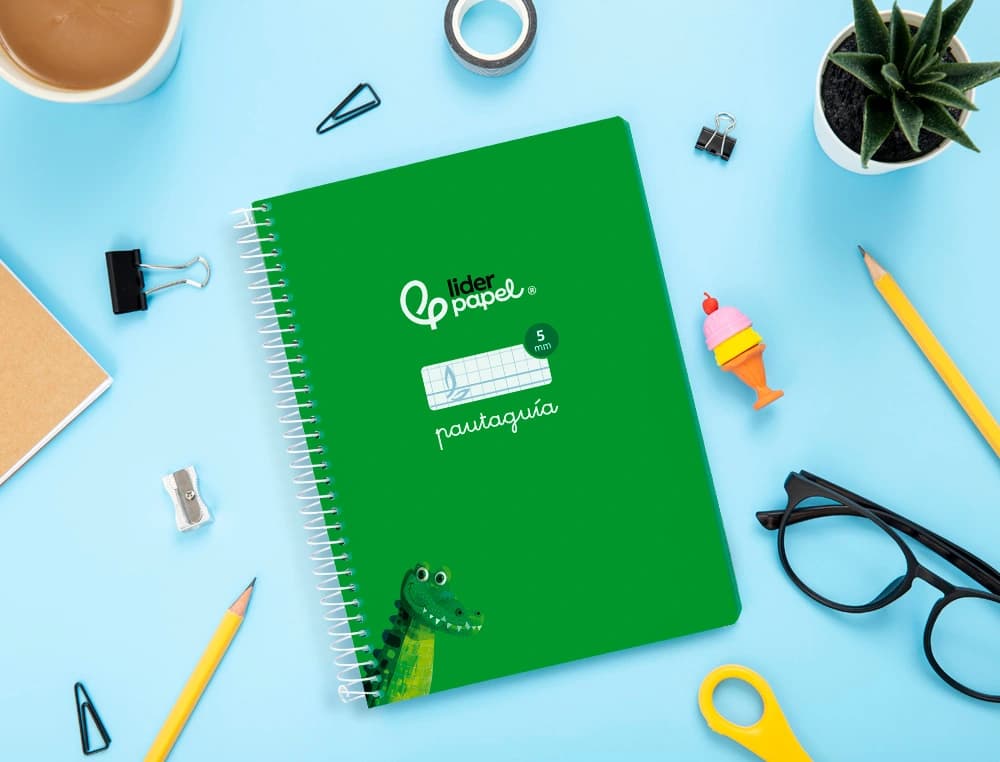 Cuaderno espiral liderpapel din a5 pautaguia tapa blanda 40h 75gr cuadro pautado 5mm color verde