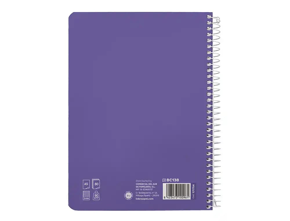 Cuaderno espiral liderpapel a5 pautaguia tapa dura 80h 90gr cuadro pautado 5mm color lila