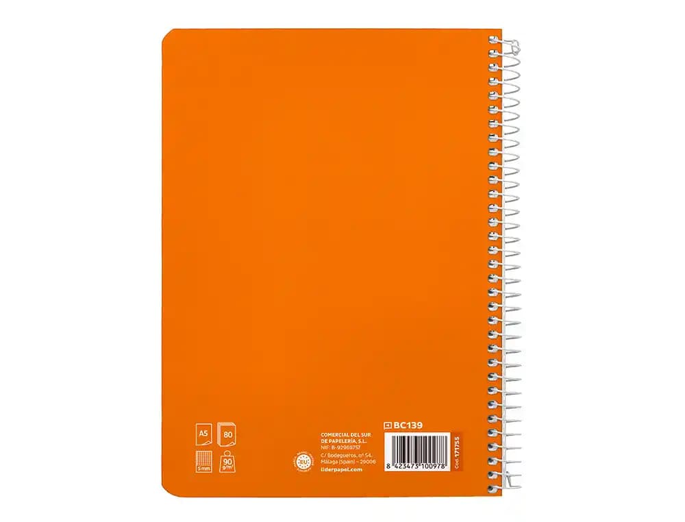 Cuaderno espiral liderpapel a5 pautaguia tapa dura 80h 90 gr cuadro pautado 5mm color naranja