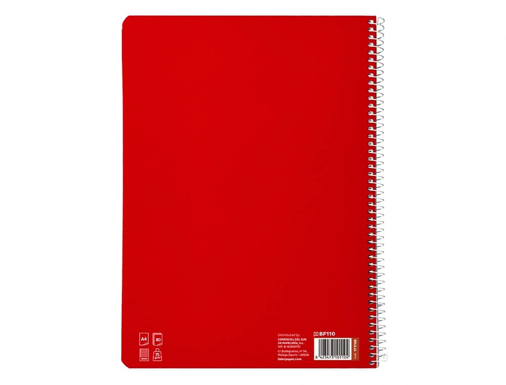 Cuaderno de espiral Liderpapel Pautaguía A4 de tapa blanda, cuadro pautado de 3 mm, 80 hojas de 75 g – Rojo