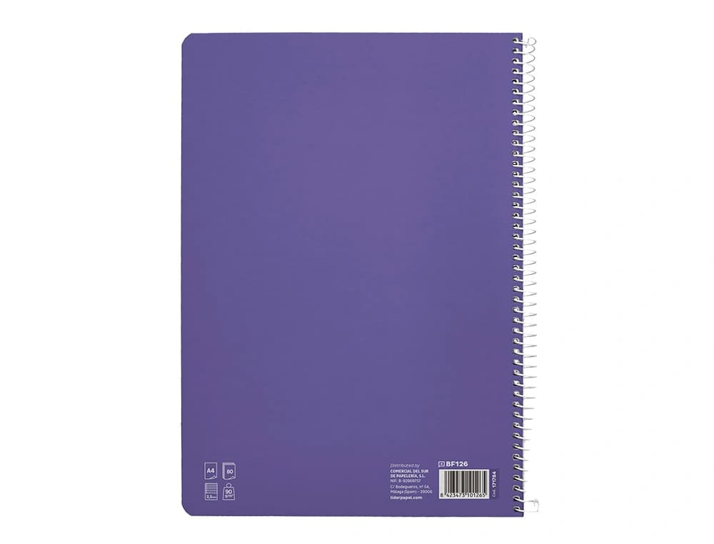 Cuaderno espiral liderpapel din a4 pautaguia tapa dura 80h 90 gr cuadro pautado 2,5mm color lila