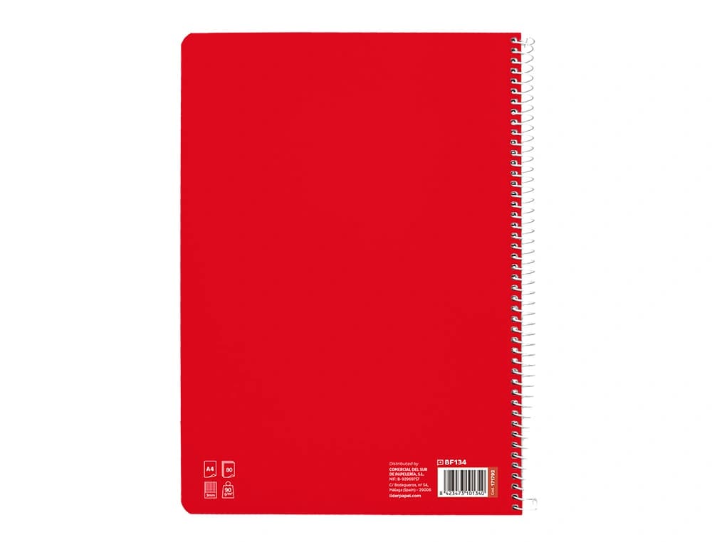 Cuaderno espiral liderpapel a4 a4 pautaguia tapa dura 80h 90 gr cuadro pautado 3mm color rojo