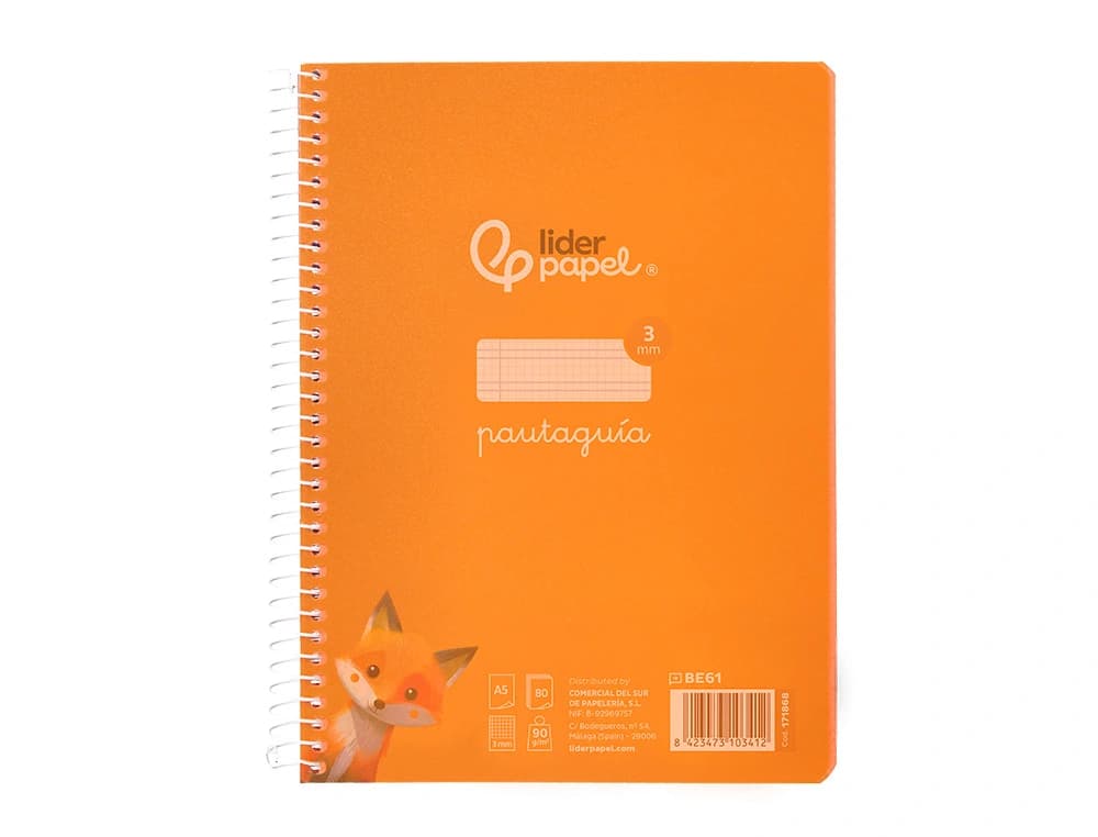 Cuaderno espiral liderpapel a5 pautaguia tapa plastico 80h 90gr cuadro pautado 3mm color naranja