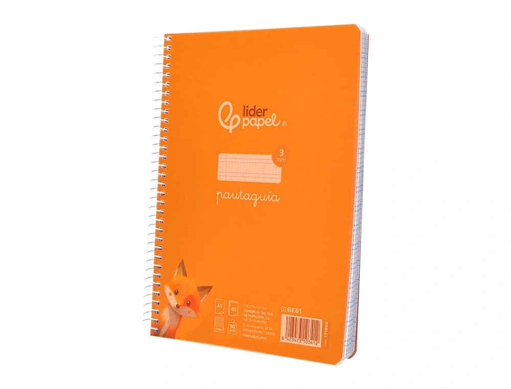 Cuaderno espiral liderpapel a5 pautaguia tapa plastico 80h 90gr cuadro pautado 3mm color naranja