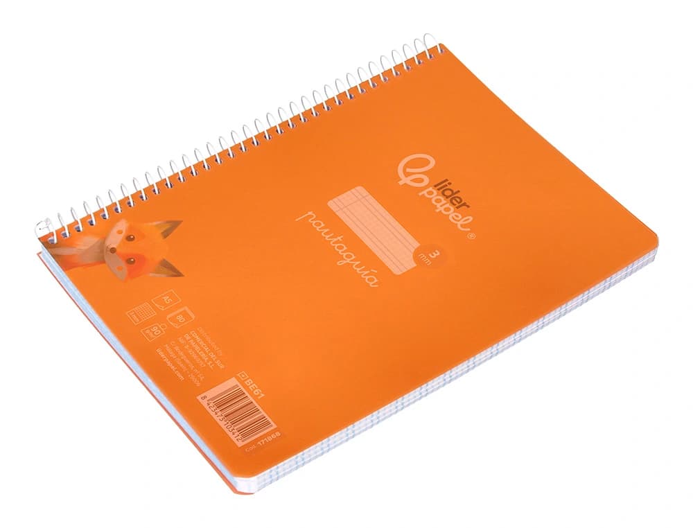 Cuaderno espiral liderpapel a5 pautaguia tapa plastico 80h 90gr cuadro pautado 3mm color naranja