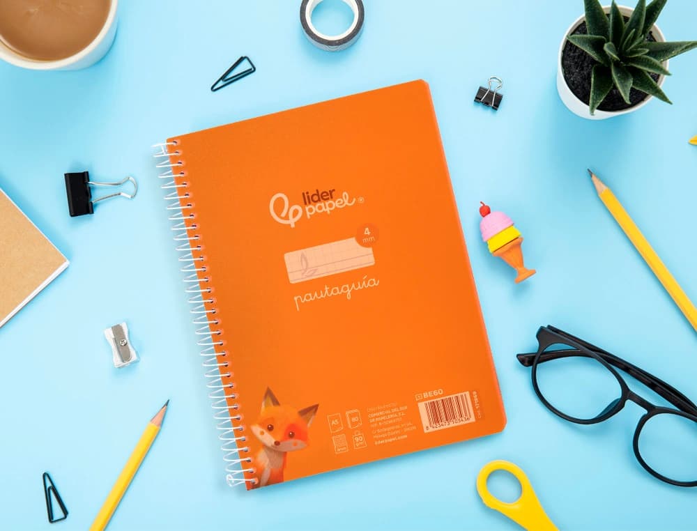 Cuaderno espiral liderpapel a5 pautaguia tapa plastico 80h 90gr cuadro pautado 4mm color naranja
