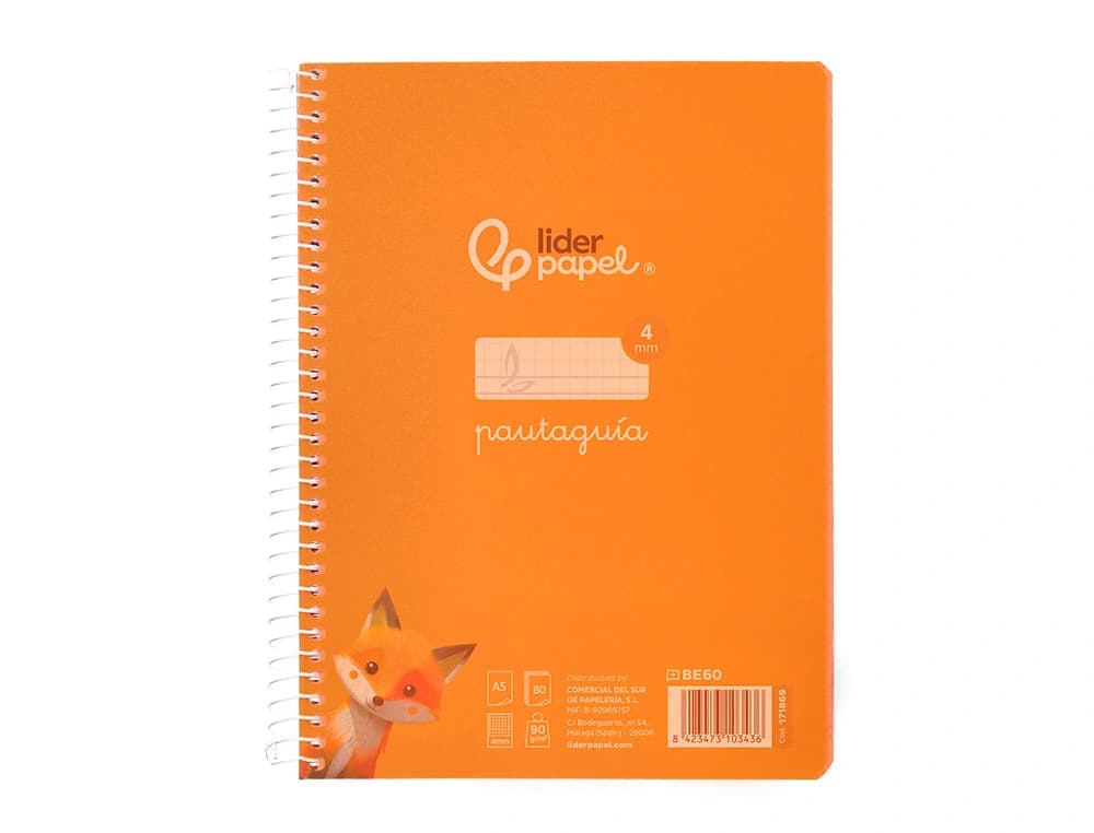 Cuaderno espiral liderpapel a5 pautaguia tapa plastico 80h 90gr cuadro pautado 4mm color naranja