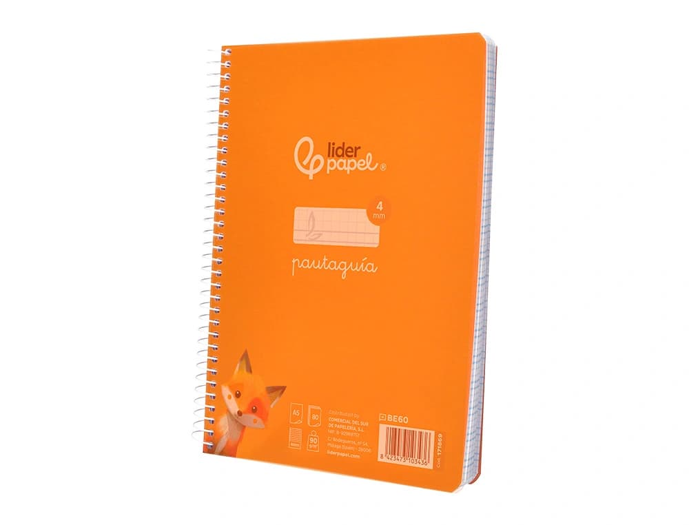 Cuaderno espiral liderpapel a5 pautaguia tapa plastico 80h 90gr cuadro pautado 4mm color naranja