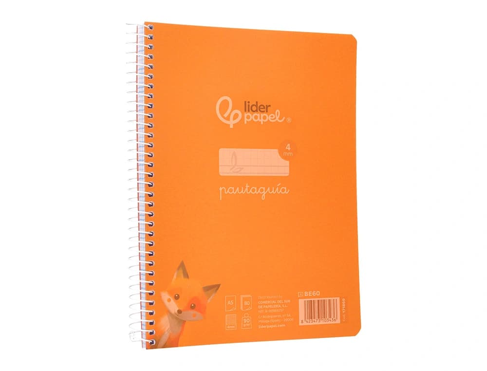 Cuaderno espiral liderpapel a5 pautaguia tapa plastico 80h 90gr cuadro pautado 4mm color naranja