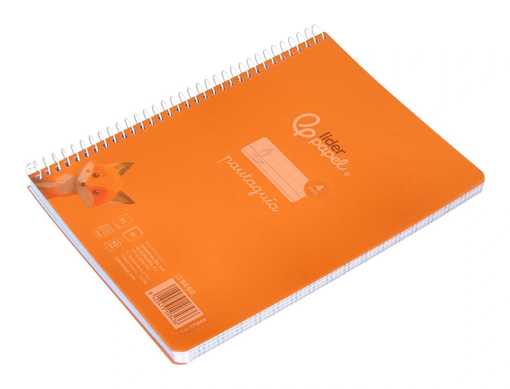 Cuaderno espiral liderpapel a5 pautaguia tapa plastico 80h 90gr cuadro pautado 4mm color naranja