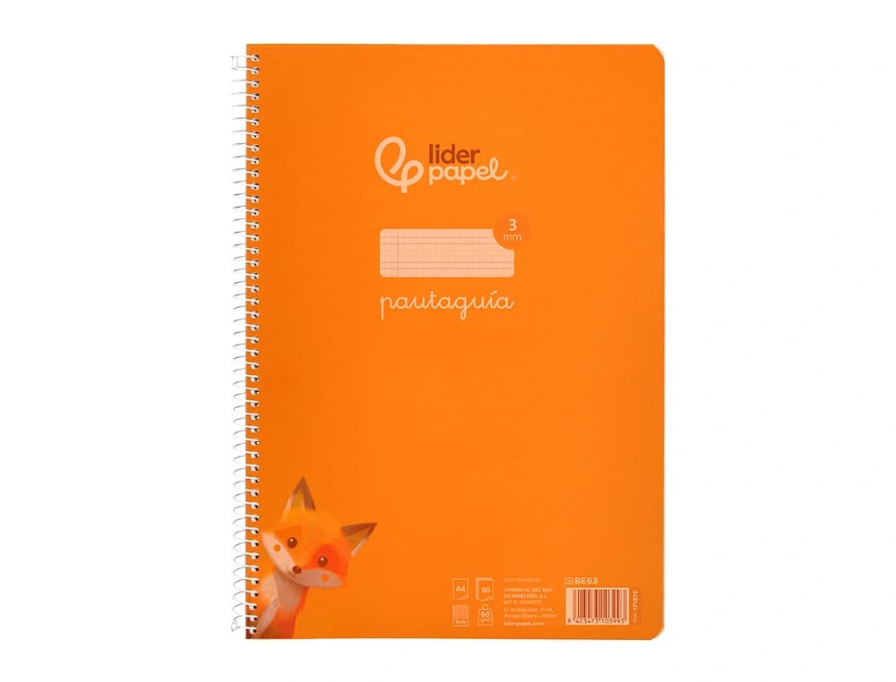 Cuaderno de espiral Liderpapel Pautaguía A4 de tapa de plástico, cuadro pautado de 3 mm con margen, 80 hojas de 90 g – Naranja