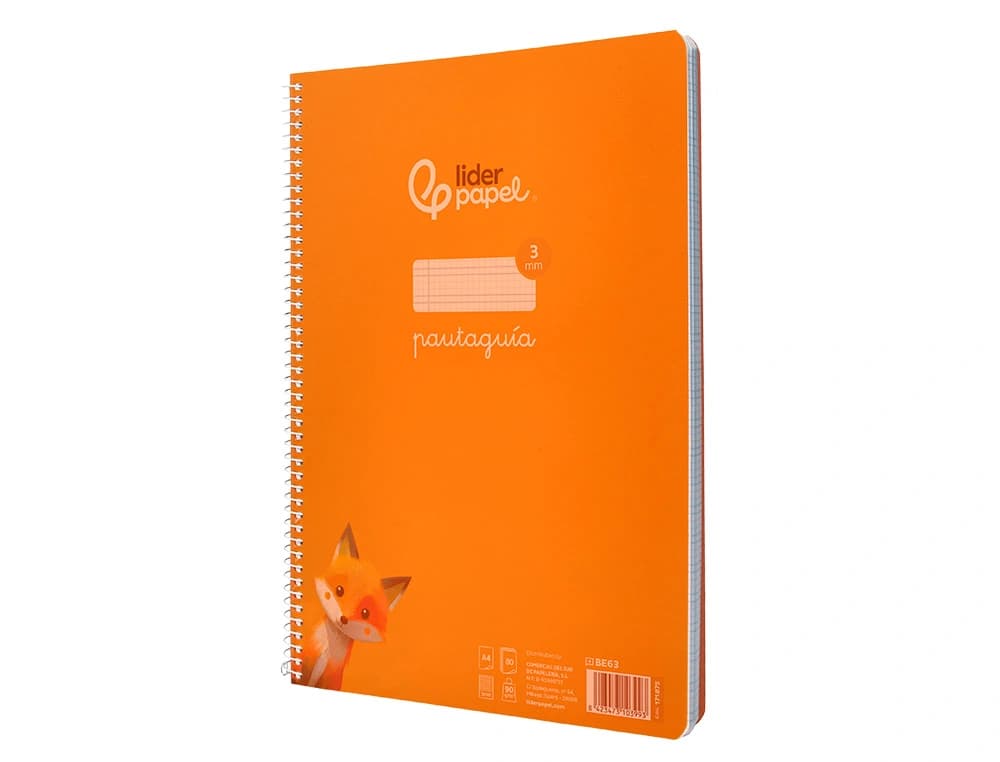 Cuaderno de espiral Liderpapel Pautaguía A4 de tapa de plástico, cuadro pautado de 3 mm con margen, 80 hojas de 90 g – Naranja