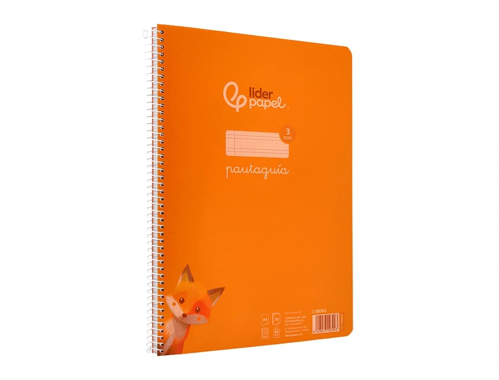Cuaderno de espiral Liderpapel Pautaguía A4 de tapa de plástico, cuadro pautado de 3 mm con margen, 80 hojas de 90 g – Naranja