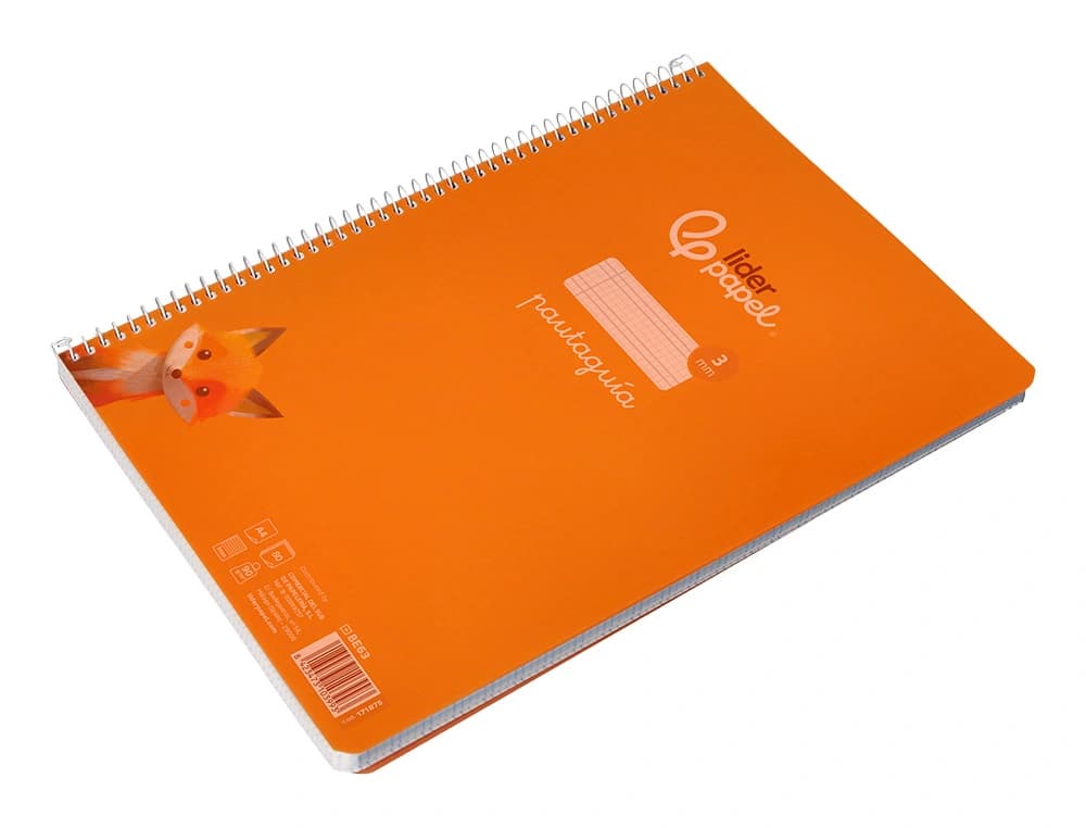 Cuaderno de espiral Liderpapel Pautaguía A4 de tapa de plástico, cuadro pautado de 3 mm con margen, 80 hojas de 90 g – Naranja