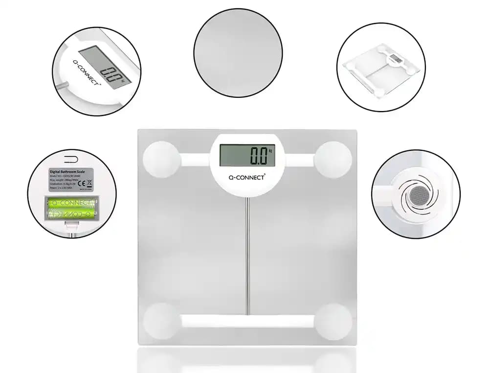 Bascula baño q-connect digital con pantalla lcd precision 100 gr capacidad de 5 kg a 180 kg 300x300x22mm