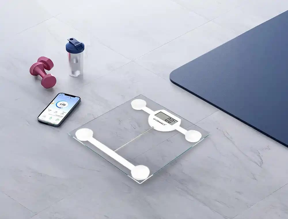 Bascula baño q-connect digital con pantalla lcd precision 100 gr capacidad de 5 kg a 180 kg 300x300x22mm