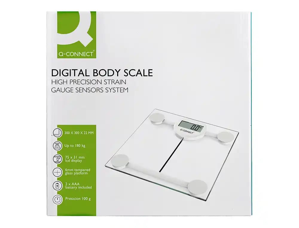 Bascula baño q-connect digital con pantalla lcd precision 100 gr capacidad de 5 kg a 180 kg 300x300x22mm