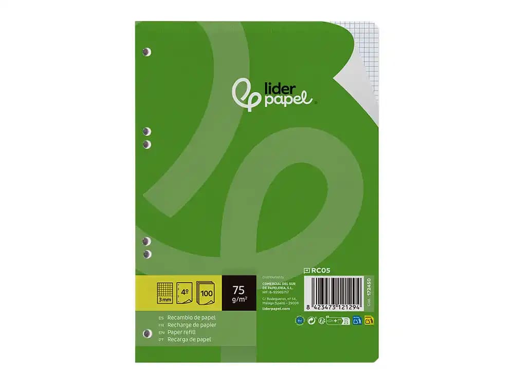 Recambio liderpapel a5 100 hojas 75gr cuadro 3mm con margen 6 taladros
