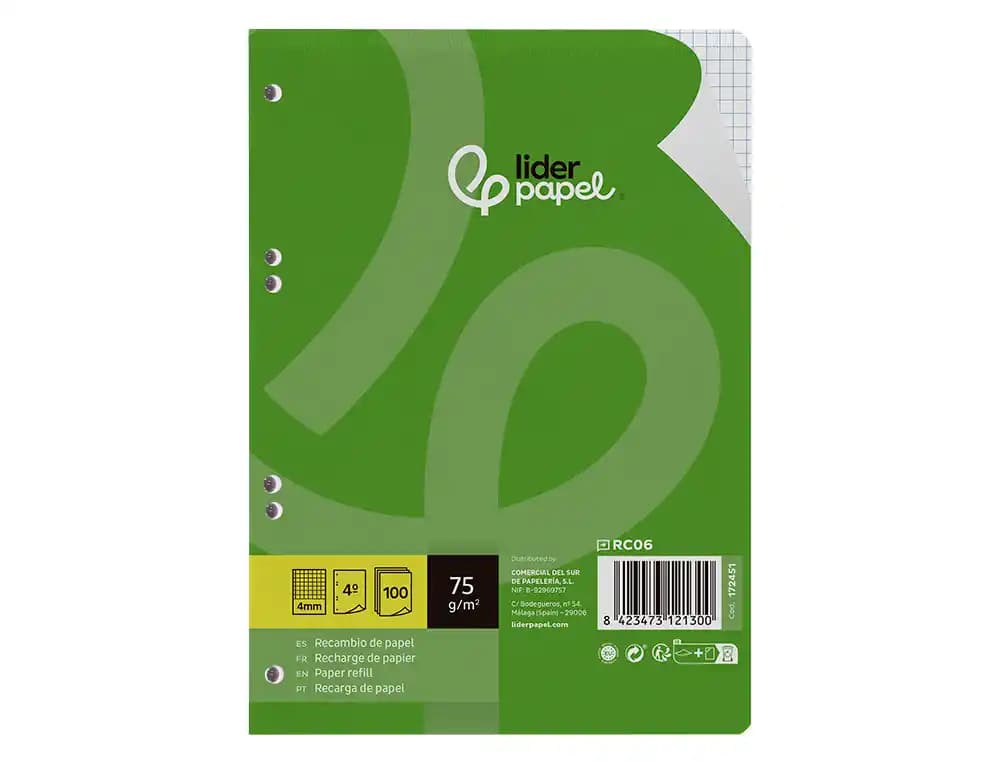 Recambio liderpapel a5 100 hojas 75gr cuadro 4mm con margen 6 taladros